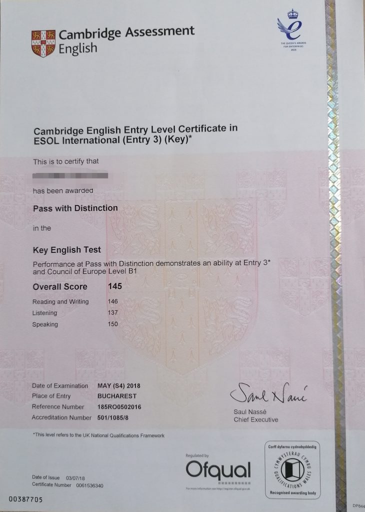 certificat Cambridge de nivel A2 Key care atestă nivelul de cunoaștere a limbii engleze 