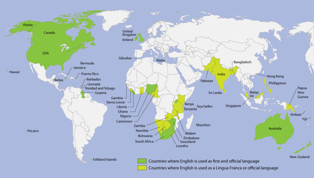 harta lumii pe care sunt colorate cu verde tarile in care se vorbeste engleza