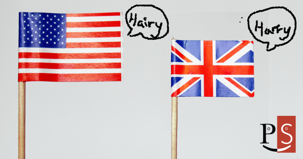 steagurile SUA si al Regatului unit al Marii Britanii impreuna cu pronuntia diferita a cuvantului Harry in cele doua dialecte.