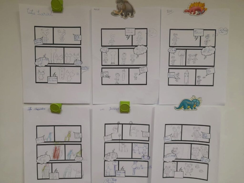 proiect al unor copii de clasa I in care realizeaza o scurta poveste de benzi desenate scriind replicile personajelor in speech bubbles