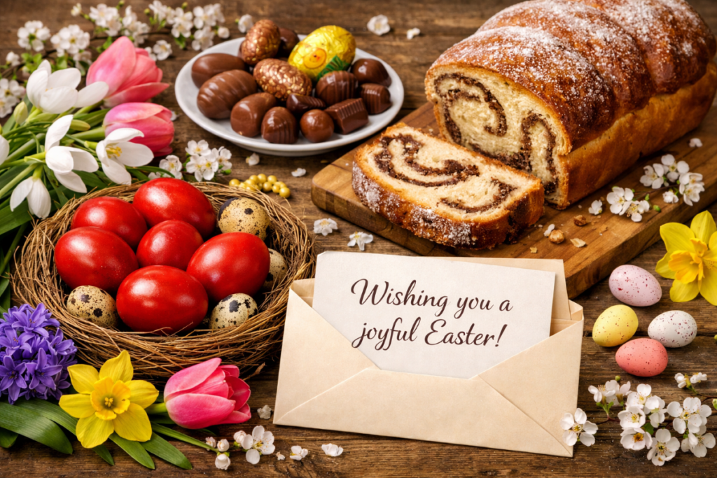 Masa de Paste cu oua rosii, cozonac, ciocolata, flori de primavara si un mesaj de paste in plic