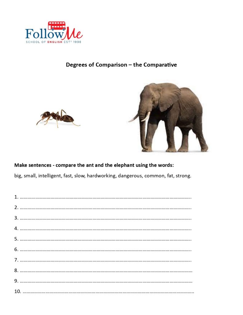 Fisa de lucru - exercitiu cu gradele de comparatie in limba engleza, gradul comparativ, furnica si elefantul