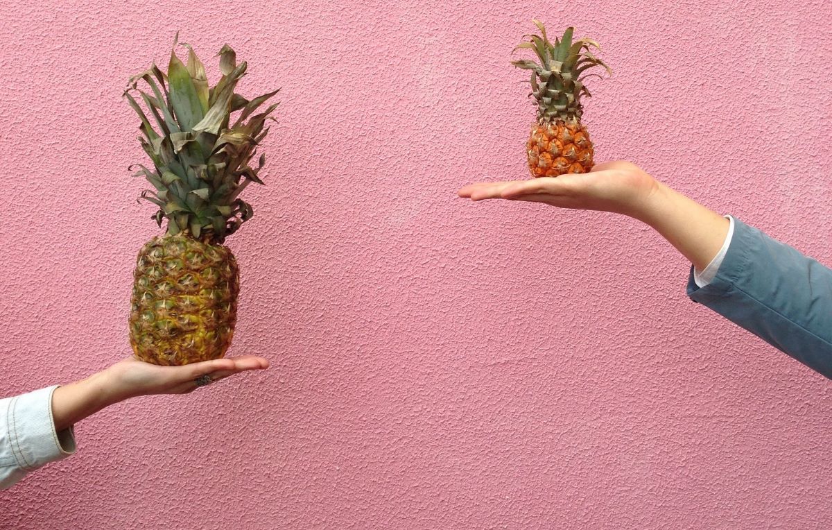 doua maini pe fundalul unui perete roz tinand in palma un ananas mare si unul mic