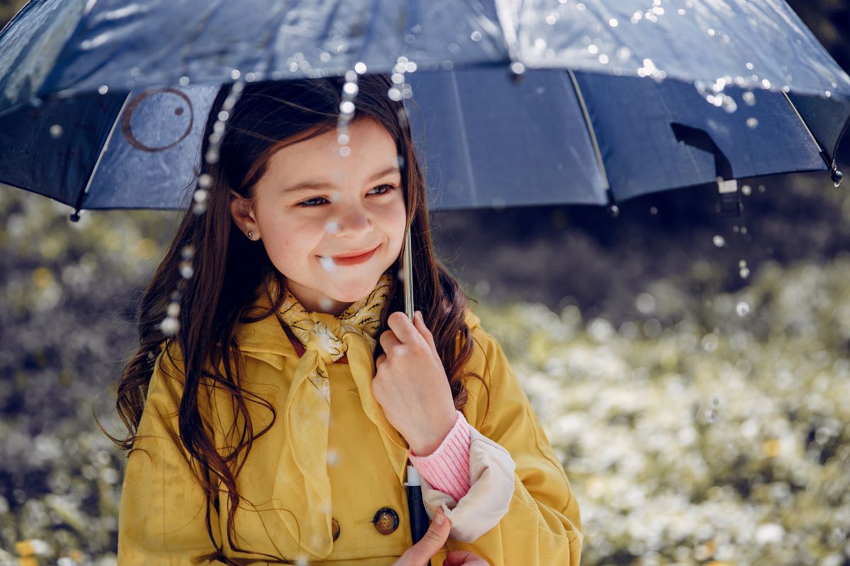 fetita in palton galben sta in ploaie sub umbrela si zambeste amintindu-si o poezie despre ploaie in engleza