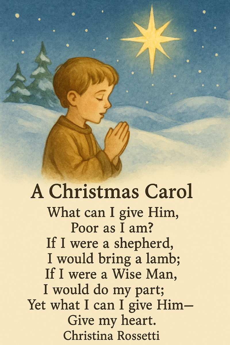 Baietel care se roaga Domnului cu peisaj de iarna si versuri din poezia A christmas Carol de Christina Rosetti