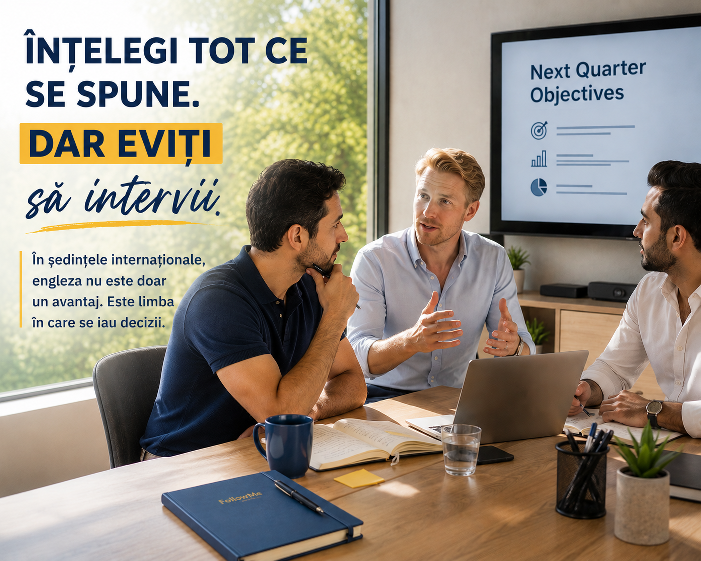 Participanți la o ședință în limba engleză unde un român înțelege totul, dar nu poate vorbi.