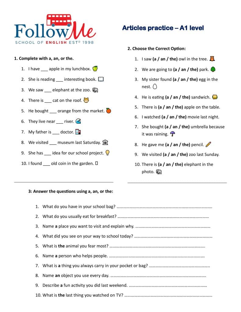 fisa de lucru folosita la scoala de engleza FollowMe cu exercitii cu articolele in engleza nivel A1