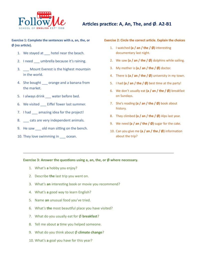 fisa de lucru a scolii de engleza FollowMe cu 3 exercitii cu articolele a an the si zero article in engleza nivel A2-B1. 