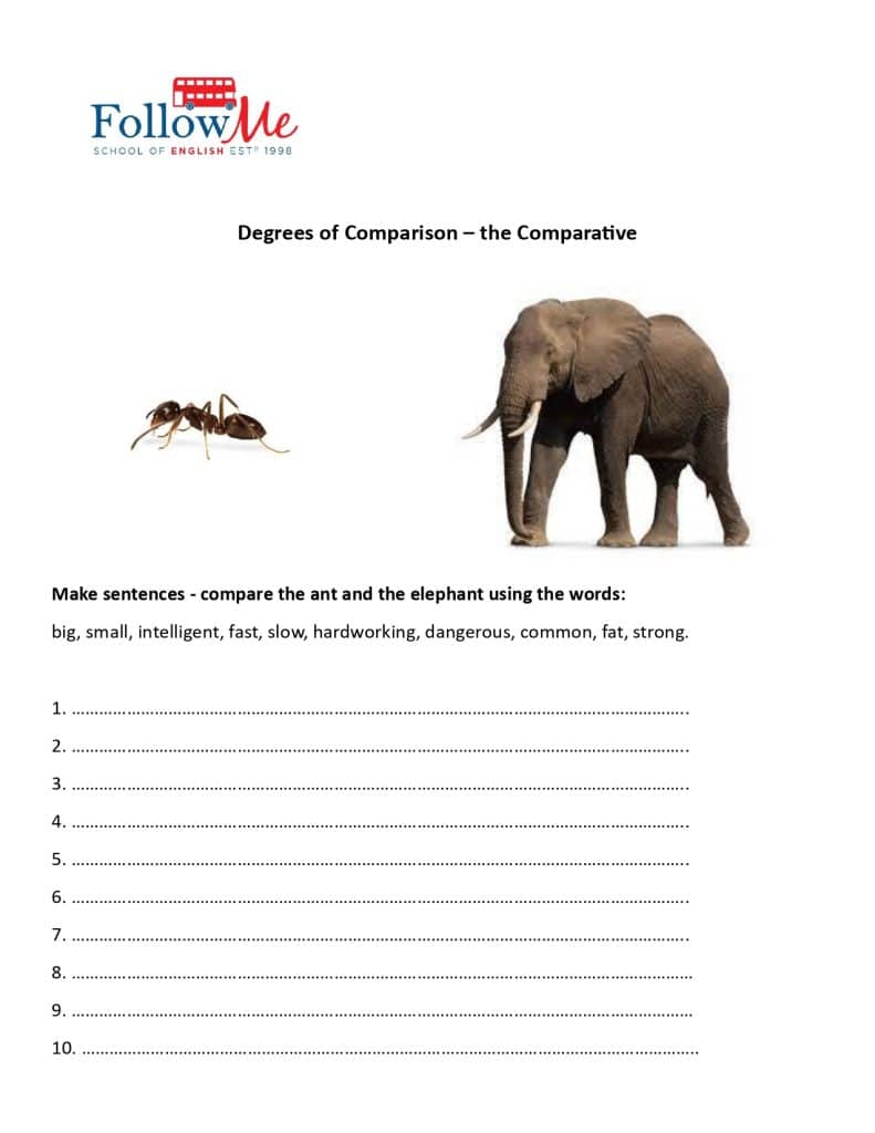 Fisa de lucru - exercitiu cu gradele de comparatie in limba engleza, gradul comparativ, furnica si elefantul 