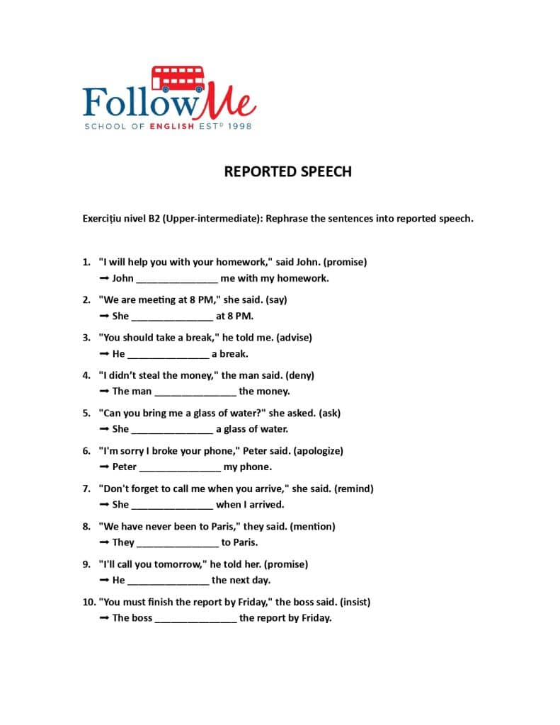 fisa cu un exercitiu cu vorbirea indirecta nivel B2