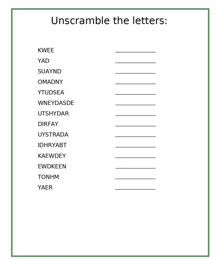 Fisa de lucru in care trebuie ordonate literele pentru a scrie corect zilele saptamanii