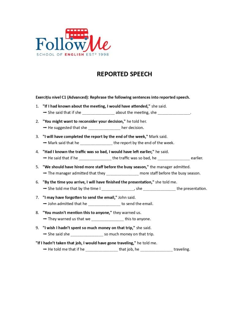 Fisa cu un exercitiu cu vorbirea indirecta in engleza