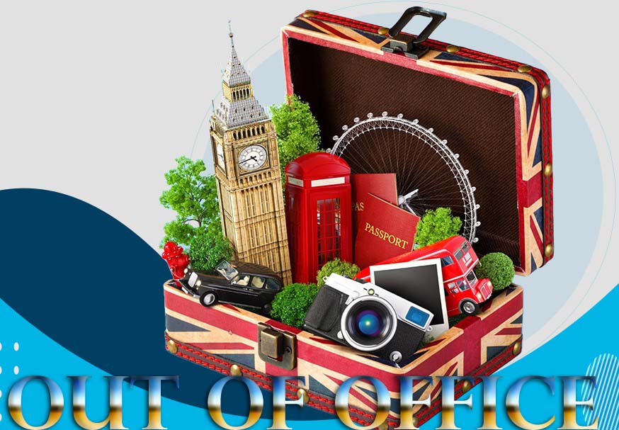 Valiza din care ies simboluri ale vacantei in Anglia: pasaport, Big Ben, cabina telefonica si altele