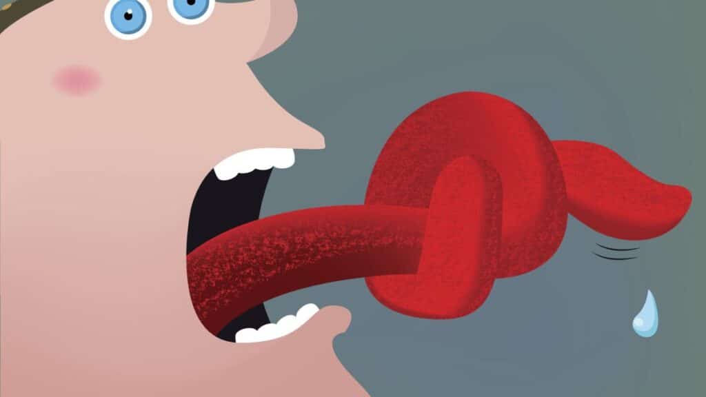 Desen din profil cu fata unui barbat ce are gura deschisa si limba scoasa innodata