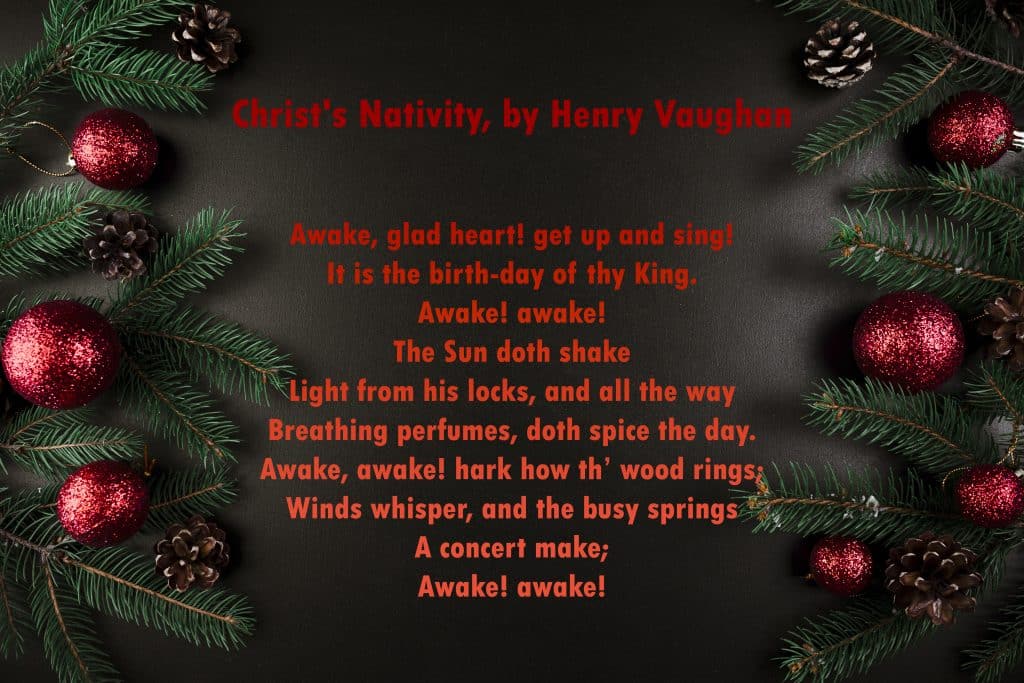 versuri poezie in engleza de Craciun numita Awake pe un fundal negru decorat cu crengi si conuri de brad si globuri