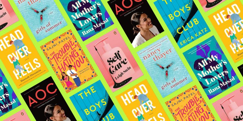 Coperti multicolore de romane din categoria romance in culori stridente pe fundal verde fosforescent