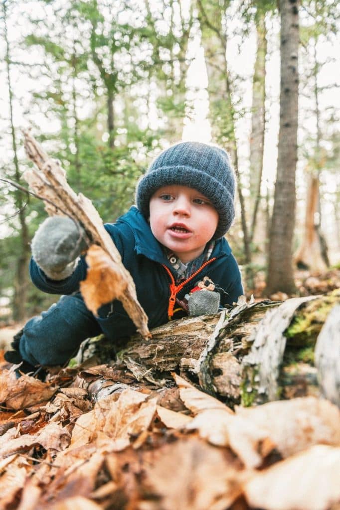 Baietel de trei ani imbracat gros de toamna sta calare pe un bustean in padure si studiaza frunzele