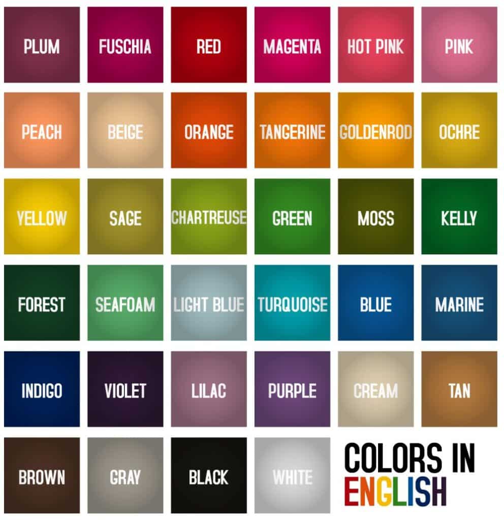 patrate ce prezinta culorile si nuantele lor in engleza si numele fiecareia scris cu litere albe