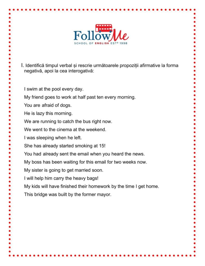 isa de lucru a scolii FollowMe continand exercitii cu timpurile verbale in limba engleza