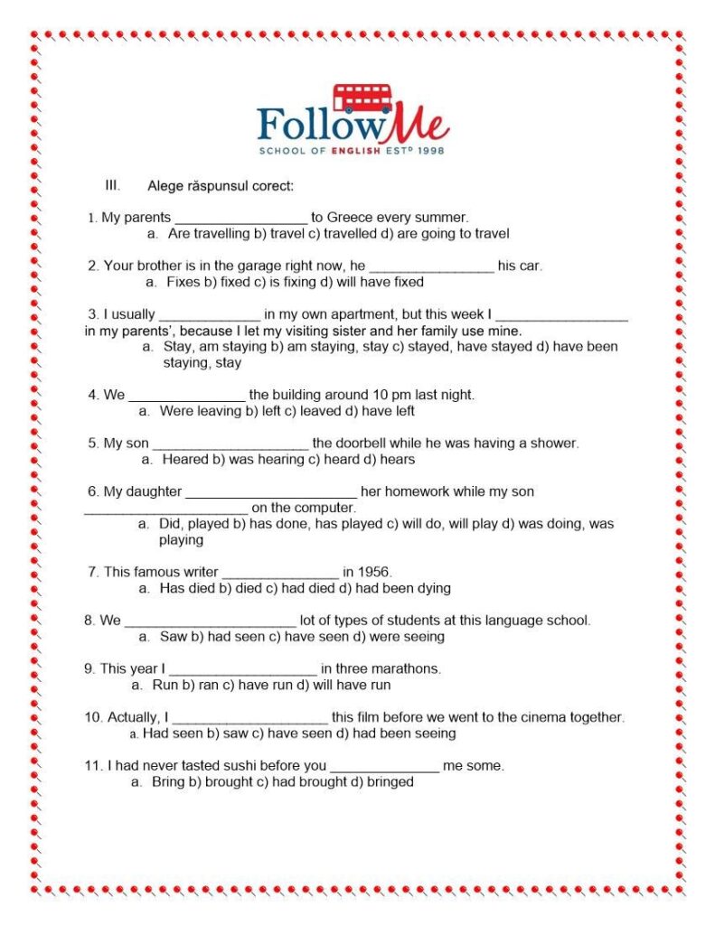 Fisa de lucru a scolii FollowMe continand un exercitiu de tip multiple choice cu timpurile verbale in limba engleza