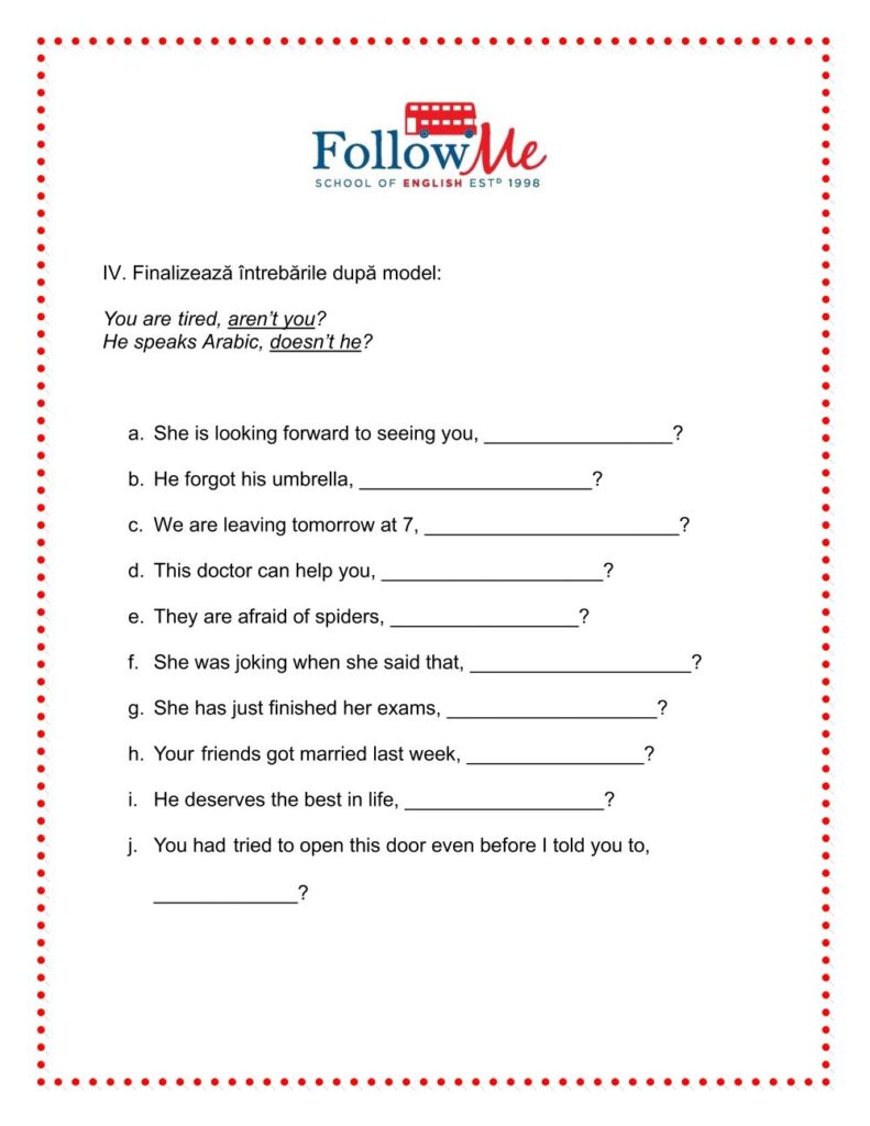 Fisa de lucru a scolii FollowMe continand exercitii cu timpurile verbale in limba engleza in care cursantii trebuie sa completeze spatiile libere.