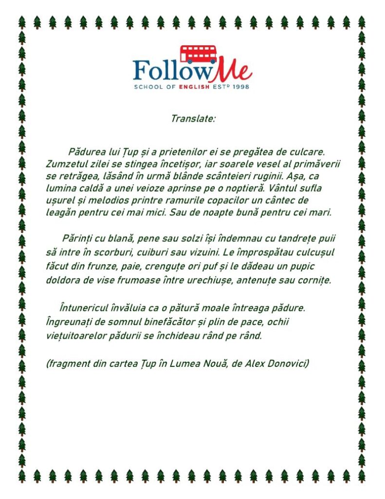 fisa FollowMe cu un text preluat din cartea Tup de Alex Donovici cu cerinta de traducere in limba engleza