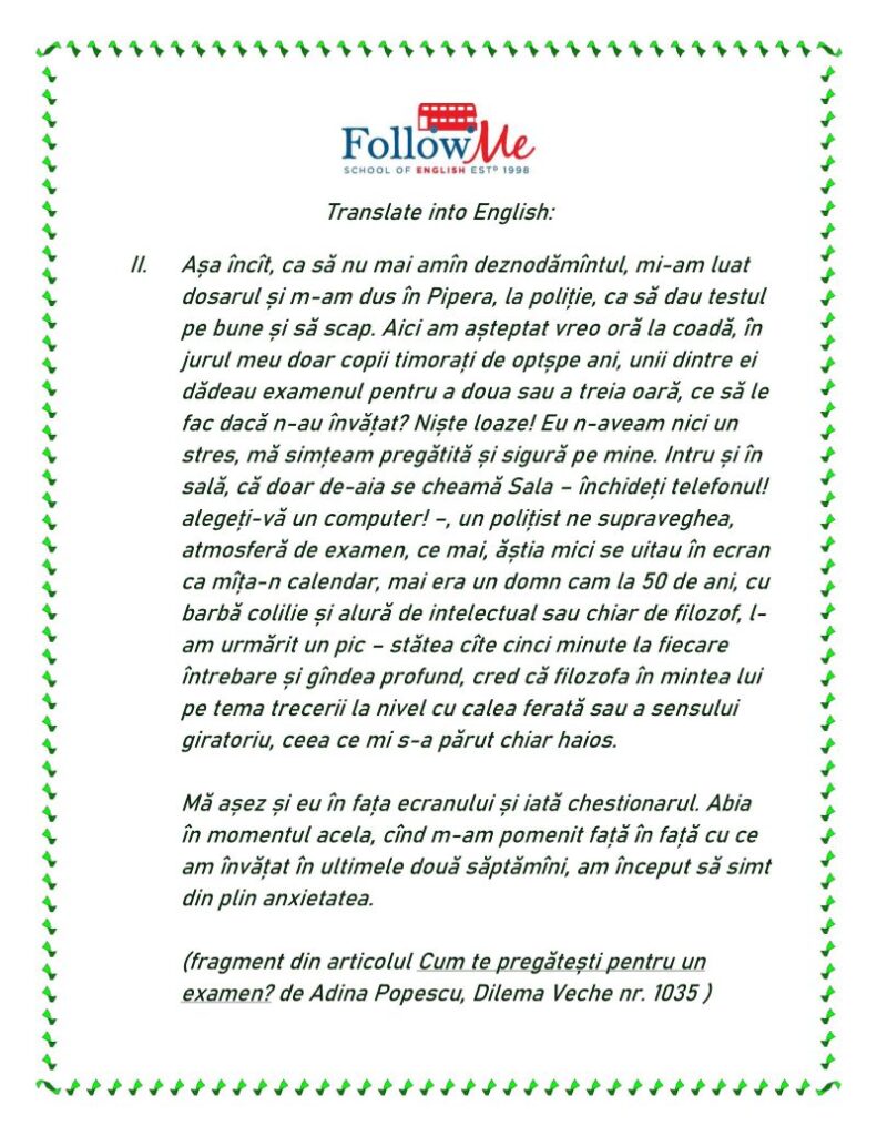fisa FollowMe cu un text in limba romana preluat dintr-un articol din revista Dilema veche cu cerinta de traducere in engleza