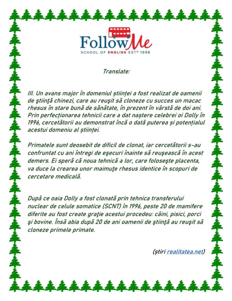 Fisa FollowMe cu textul in limba romana al unei stiri din domeniul Stiinta si tehnica si cerinta de a fi tradus din romana in engleza