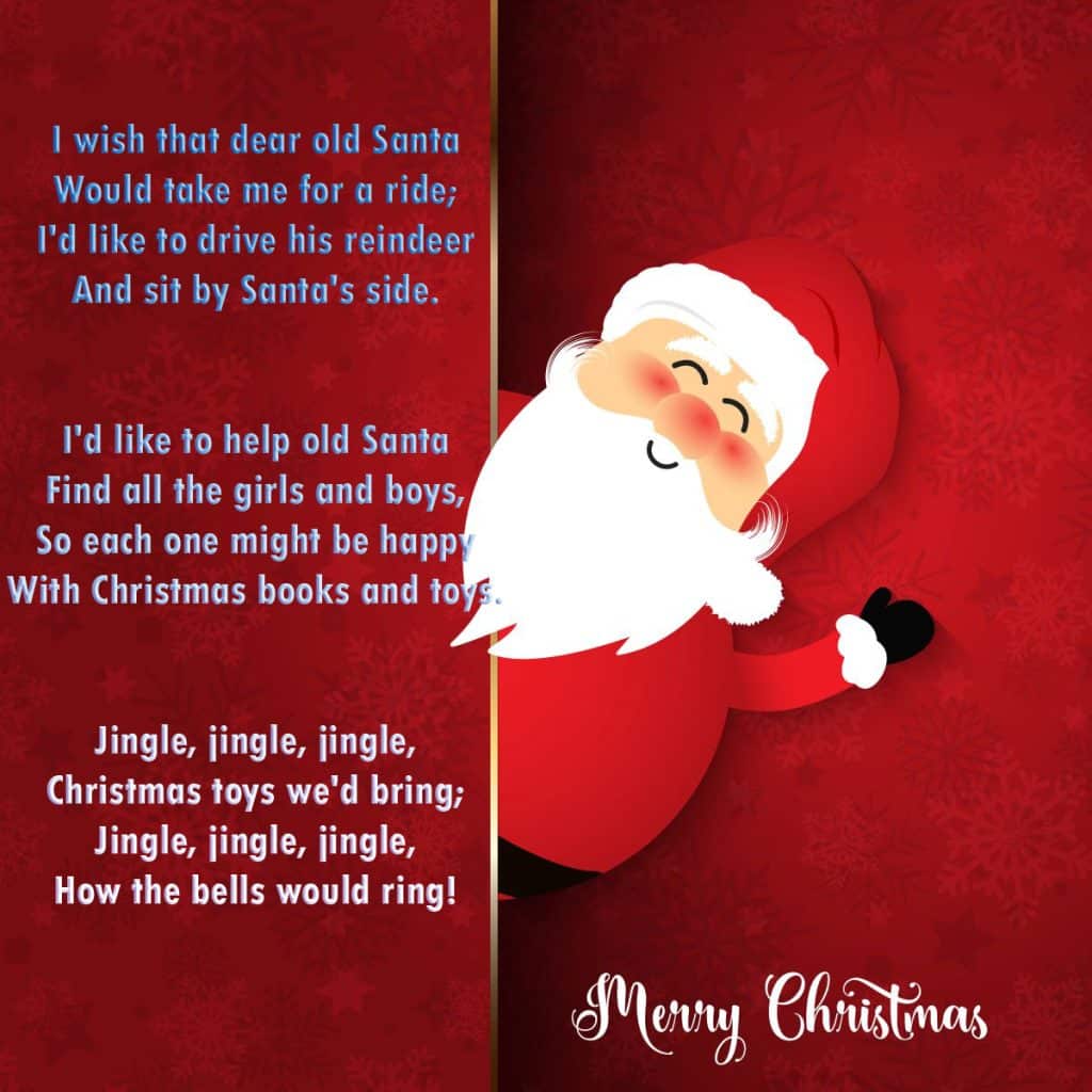 poezie in engleza despre Mos Craciun pe fundal rosu cu Mos Craciun desenat in partea dreapta