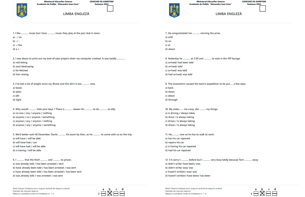 Foaia de examen cu subiecte la limba engleza din anul 2024 de la Academia de Politie “Alexandru Ioan Cuza” partea I