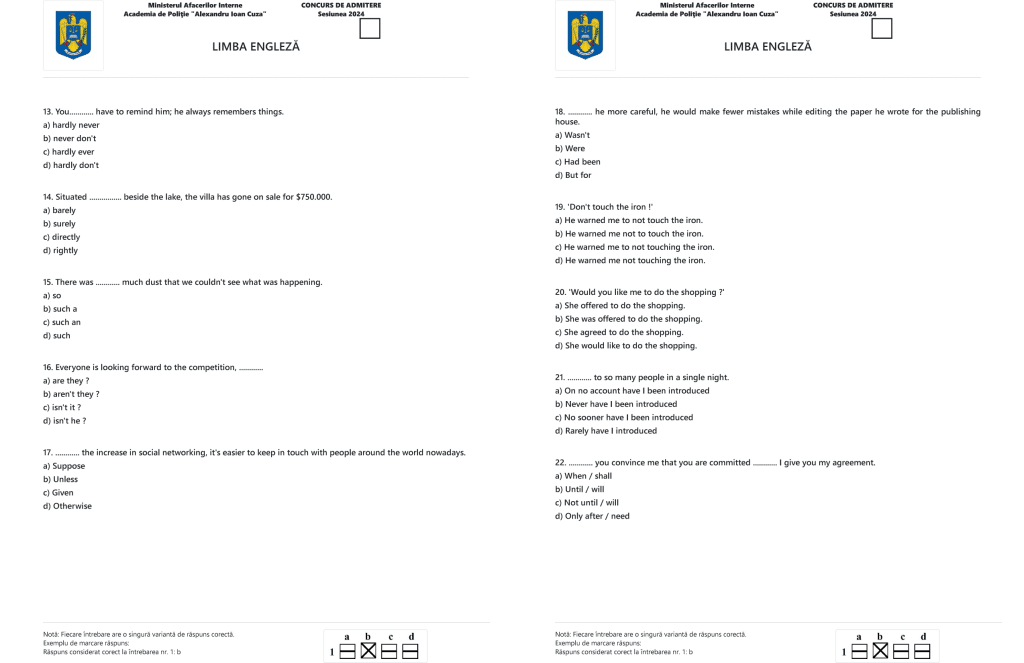 Foaia de examen cu subiecte la limba engleza din anul 2024 de la Academia de Politie “Alexandru Ioan Cuza” partea a doua