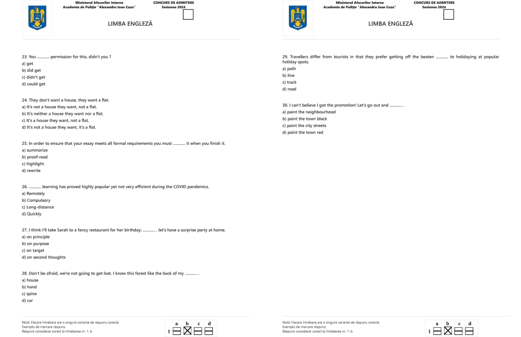 Foaia de examen cu subiecte la limba engleza din anul 2024 de la Academia de Politie “Alexandru Ioan Cuza” partea a treia