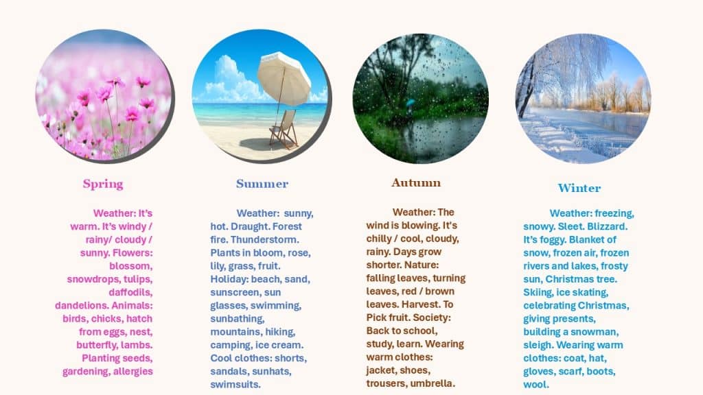 poze in chenar rotund cu anotimpurile in engleza urmate de liste de vocabular scris cu culori diferite pentru fiecare anotimp