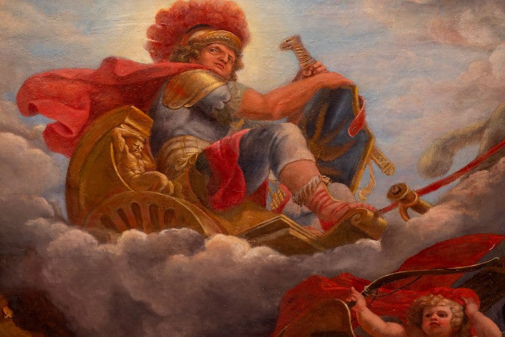 pictura de pe tavanul unui salon din versailles cu zeul marte intr-un car pe cer