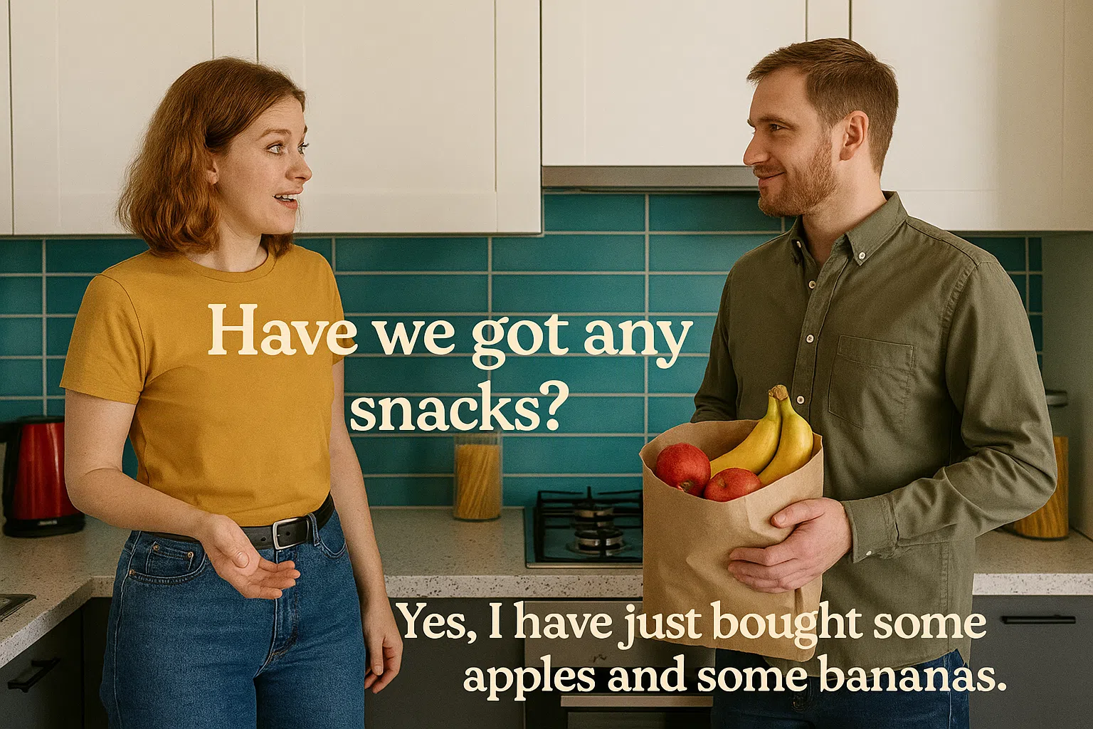 barbat si femeie converseaza in engleza in bucatarie despre g ustarile cumparate (mere si banane)folosind cuvintele some si any