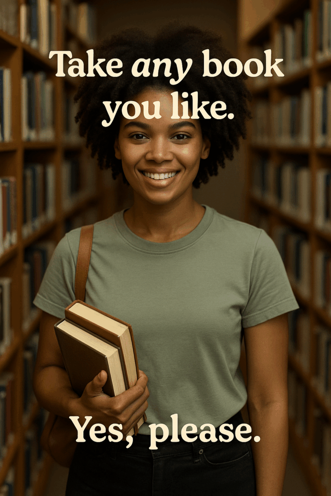 femeie de culoare tunsa scurt intre 2 rafturi de carti la biblioteca tina in mana 2 volume