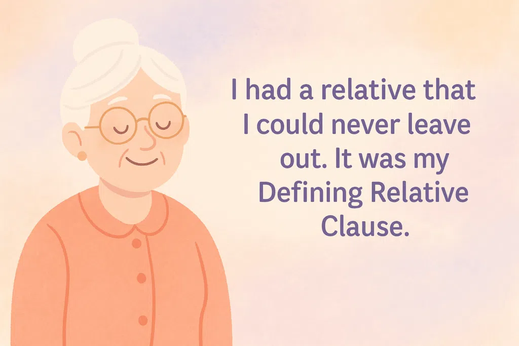 Joc de cuvinte folosind termenul relative din limba engleza, ilustrat cu o ruda de gen feminin cu par alb pe fundal pastelat.