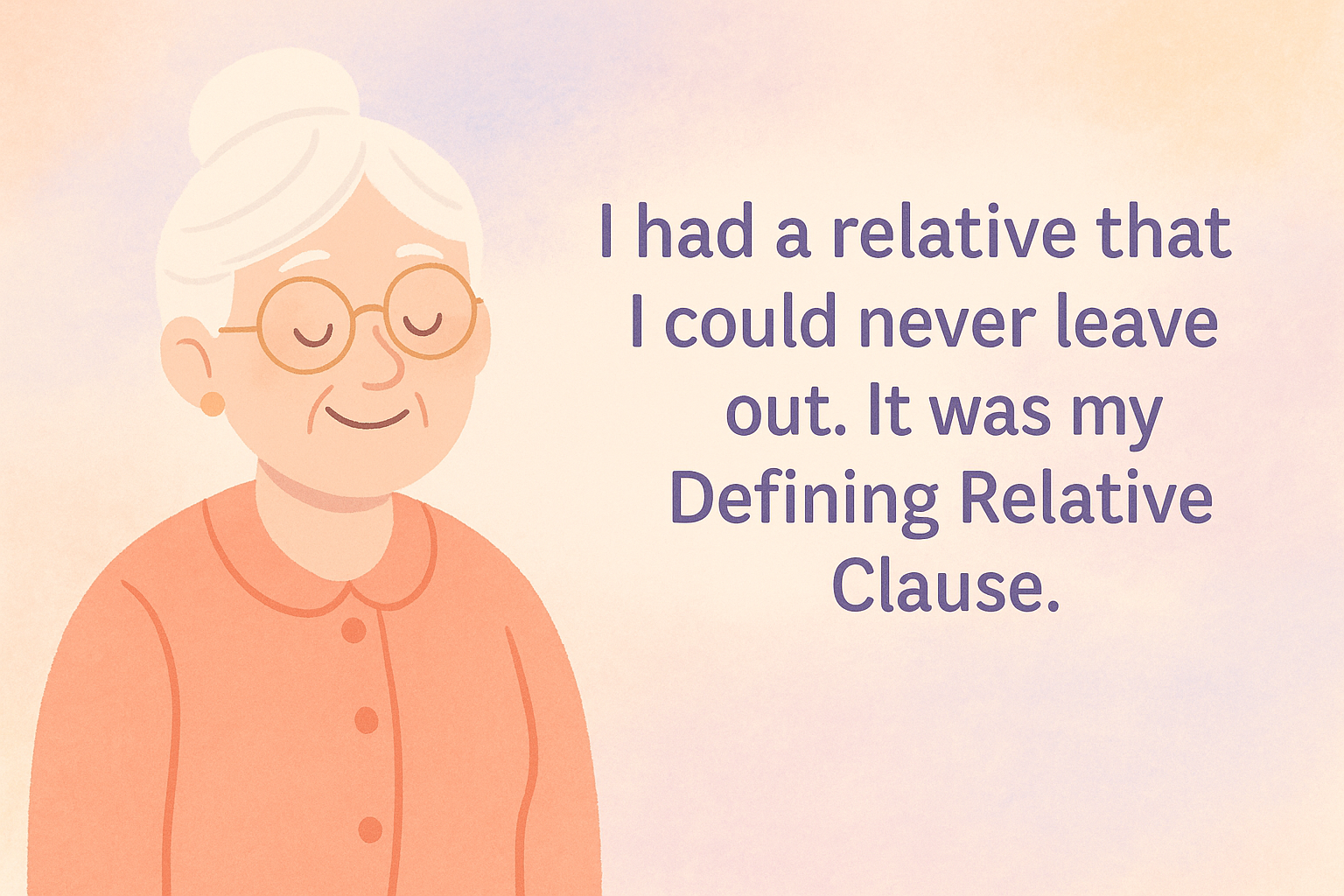 Joc de cuvinte folosind termenul relative din limba engleza, ilustrat cu o ruda de gen feminin cu par alb pe fundal pastelat.