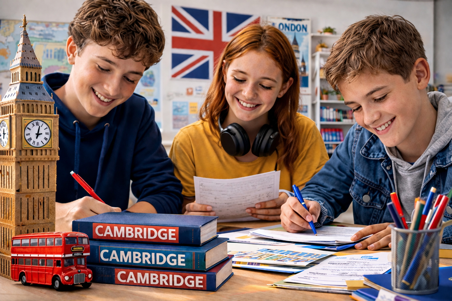 Adolescenti care invata pentru examenul Cambridge din niste carti pe care scrie Cambridge si sunt zambitori