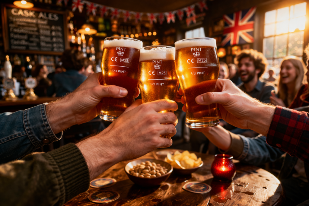 Maini de barbati care dau noroc cu halbe de bere dimensiunea third pint intr-un pub