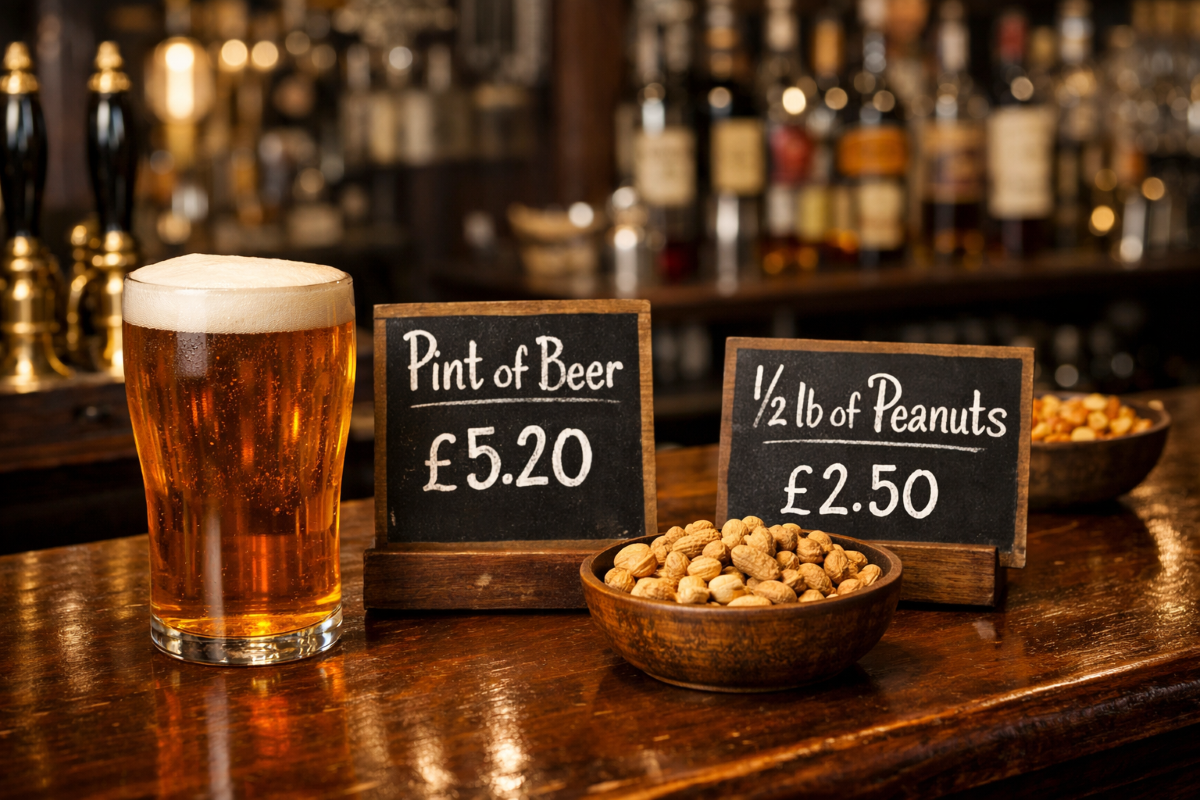 Pint de bere si jumatate de piund de alune pe tejghea intr-un pub britanic cu preturile afisate