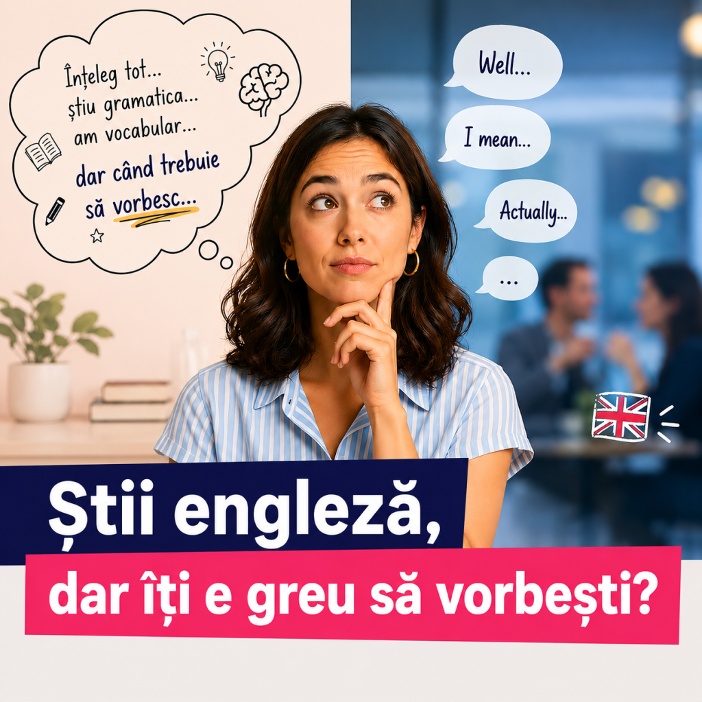 Adulta in camasa bleu cu par brunet care se gandeste ce util ar fi sa poata sustine o conversatie in limba engleza