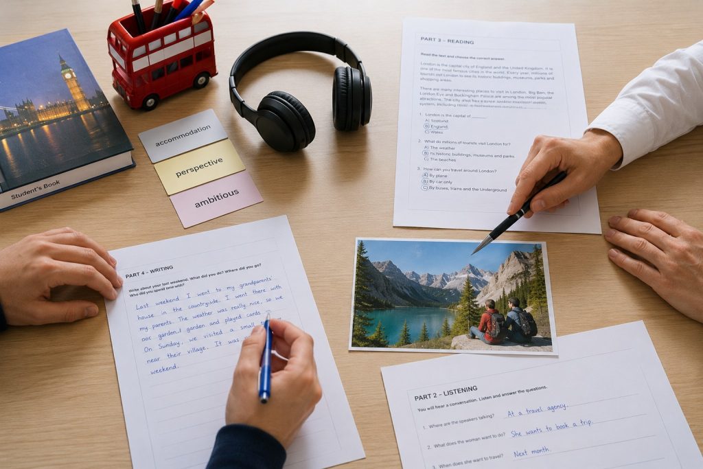 materiale de testare la engleza pe un birou si mainile profesoarei si ale elevului care scriu cu pix albastru