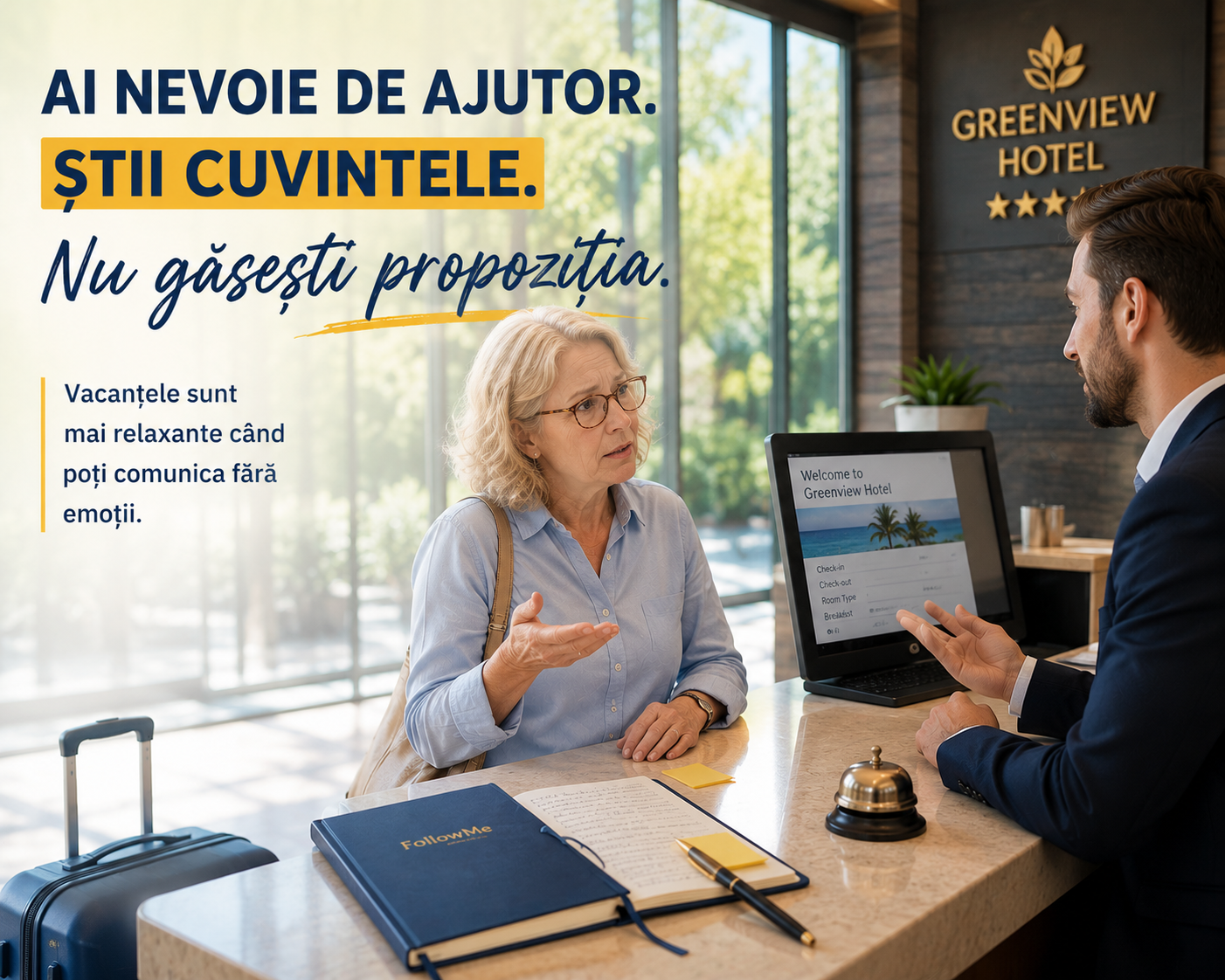 Femeie aflată în vacanță nu se poate exprima in engleza la hotel.