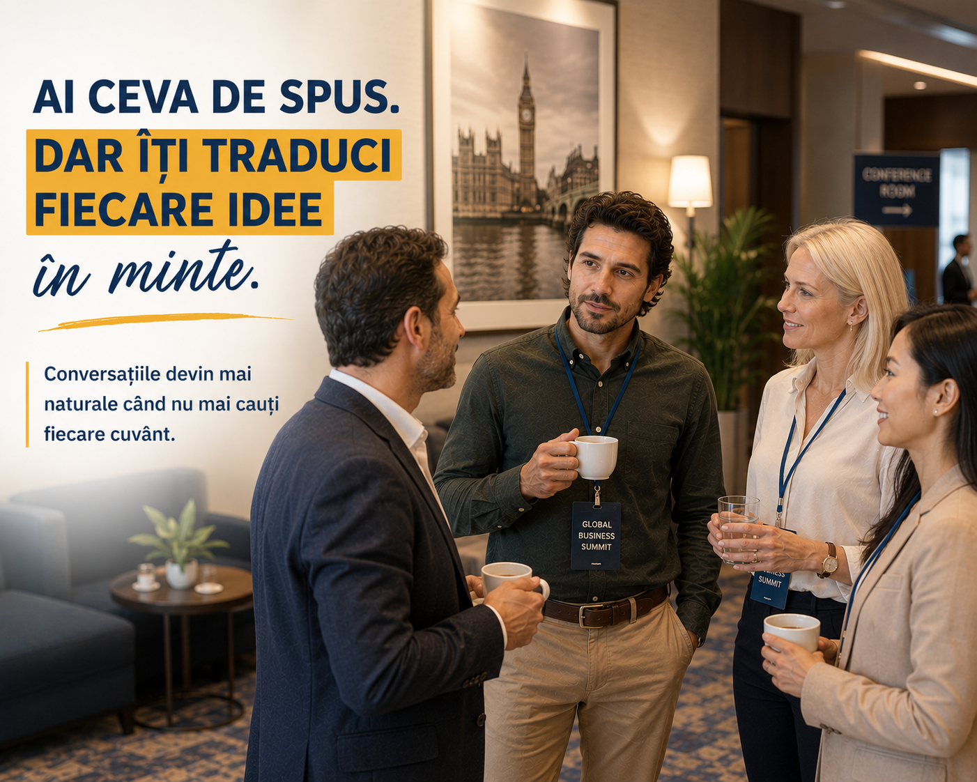 Adulti care incearca sa vorbeasca engleza in pauza, pe holul unei institutii.