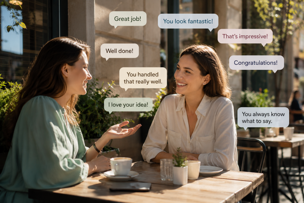 Femei care stau la o terasa de cafenea si discuta facandu-si complimente in engleza